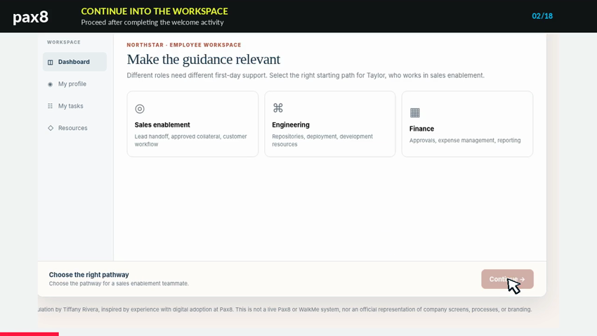 Existing approved Pax8 onboarding interactive module screenshot, shown as a portfolio learning demonstration